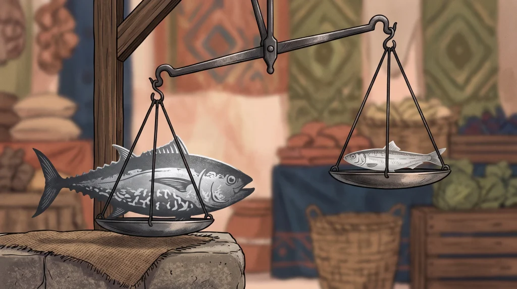 Conceptual illustration of two fish silhouettes on a balance scale.