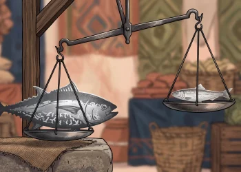 Conceptual illustration of two fish silhouettes on a balance scale.