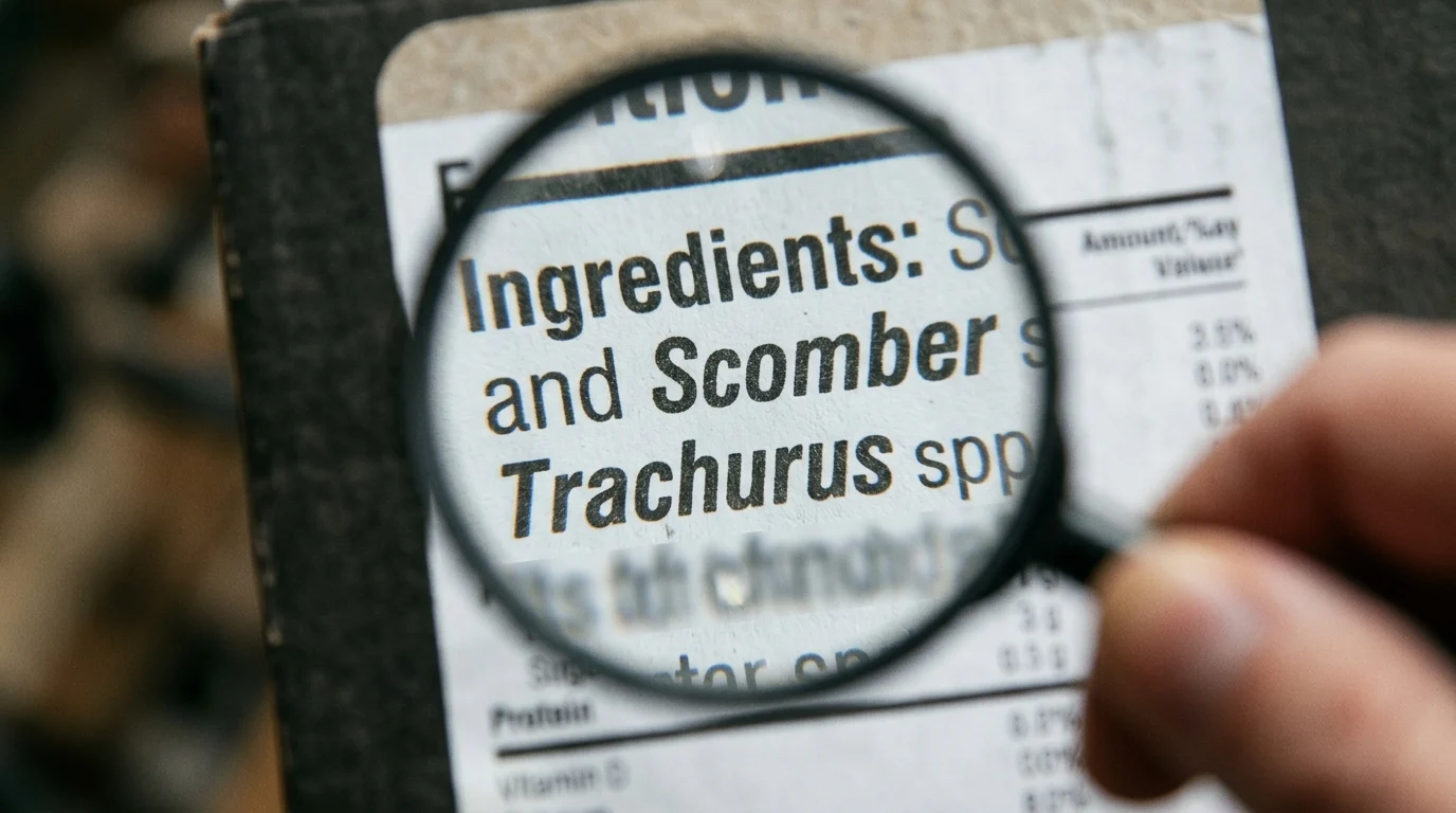 A magnifying glass highlighting scientific names on a food ingredient label.
