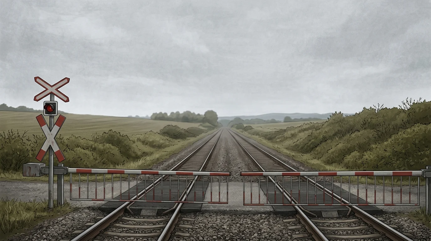 A railway level crossing with safety gates and empty tracks.