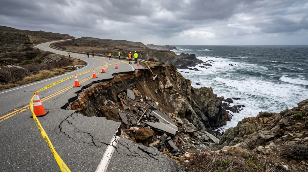 A collapsed asphalt road with emergency safety equipment on a coastal bluff.