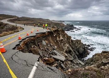 A collapsed asphalt road with emergency safety equipment on a coastal bluff.