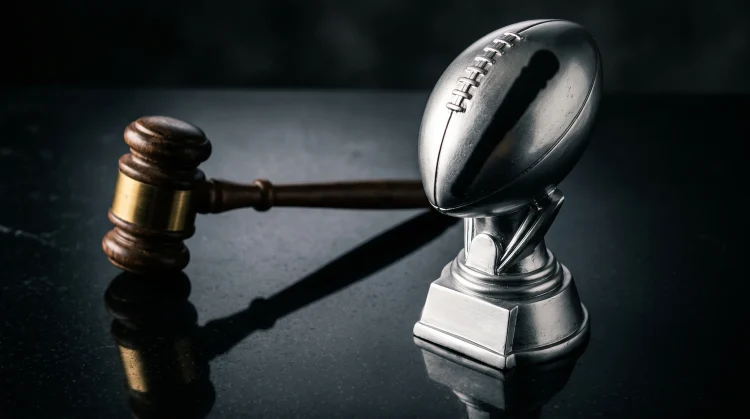 A conceptual image of a football trophy next to a legal gavel.