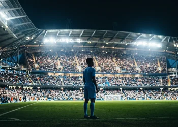 A silhouette of a player in a sky blue kit celebrating in a stadium.