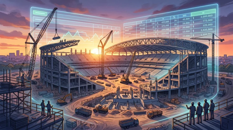 Conceptual illustration of stadium planning and financial documents