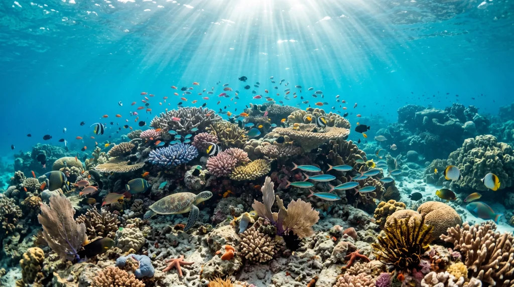 Conceptual underwater view of a healthy marine conservation zone.