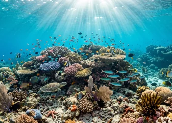 Conceptual underwater view of a healthy marine conservation zone.