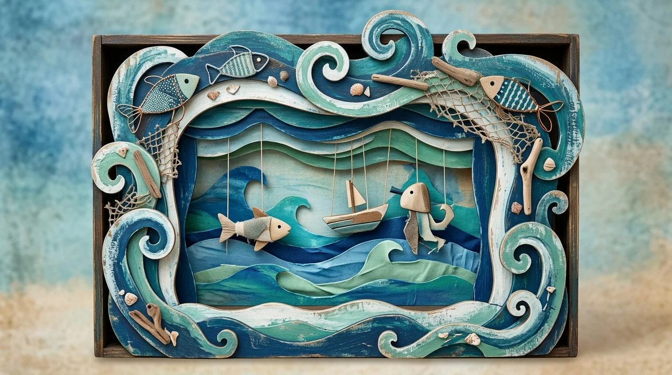 Abstract representation of a sea-themed theatre stage.