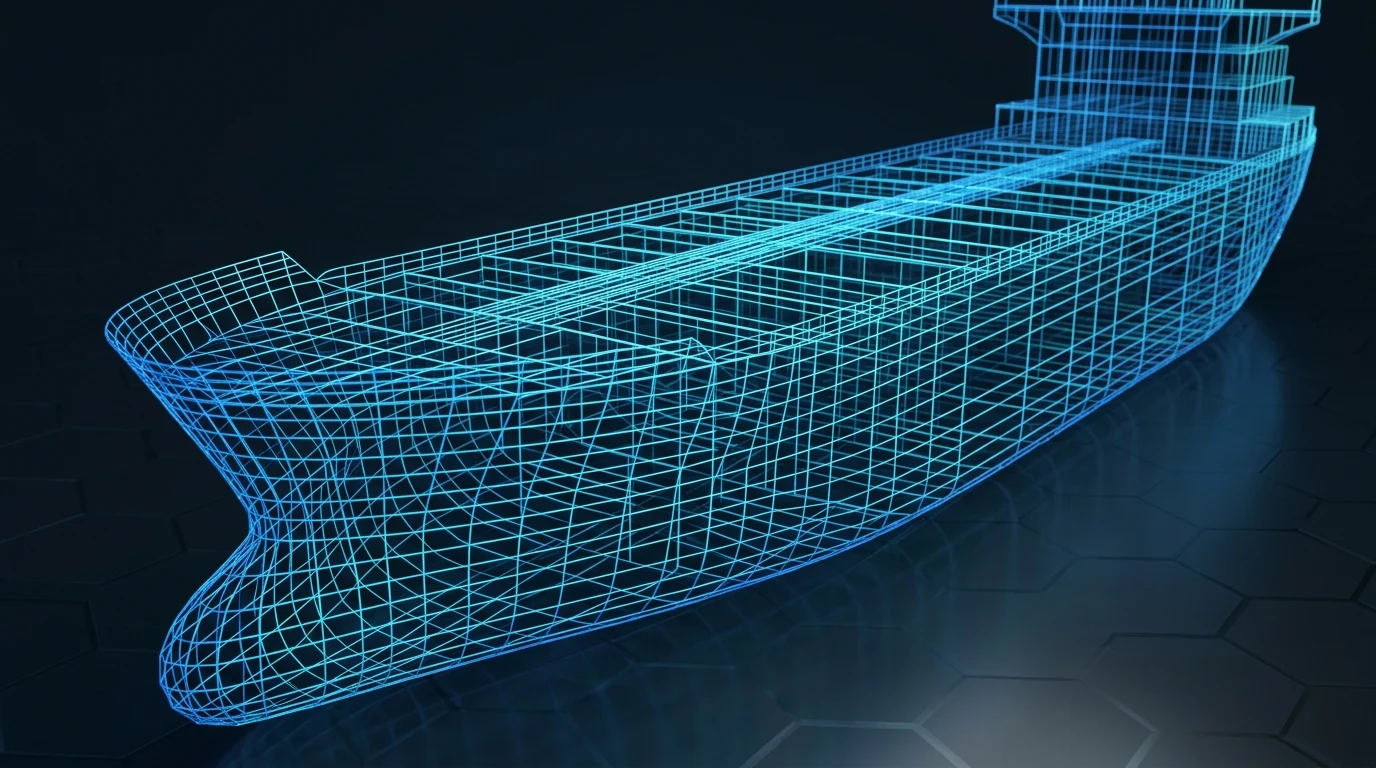 Abstract 3D digital blueprint of a ship's hull.