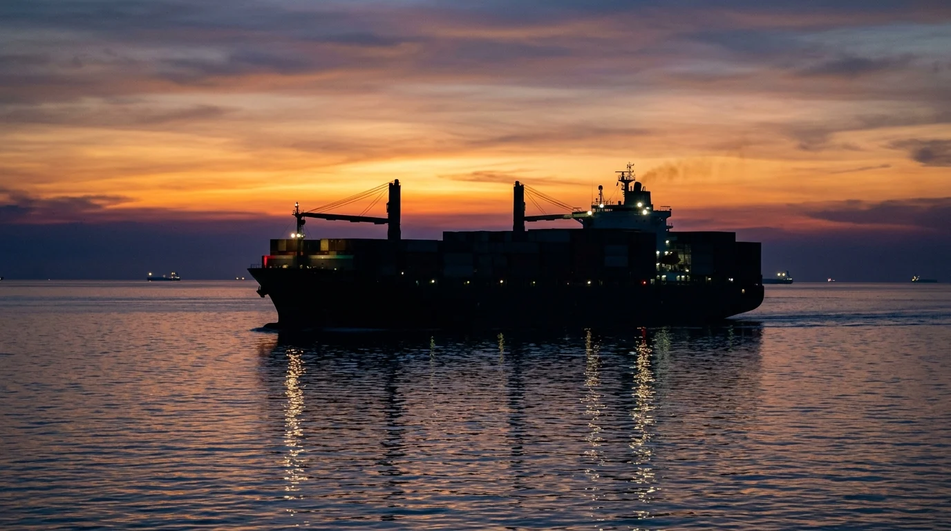 The silhouette of a cargo ship at sea.