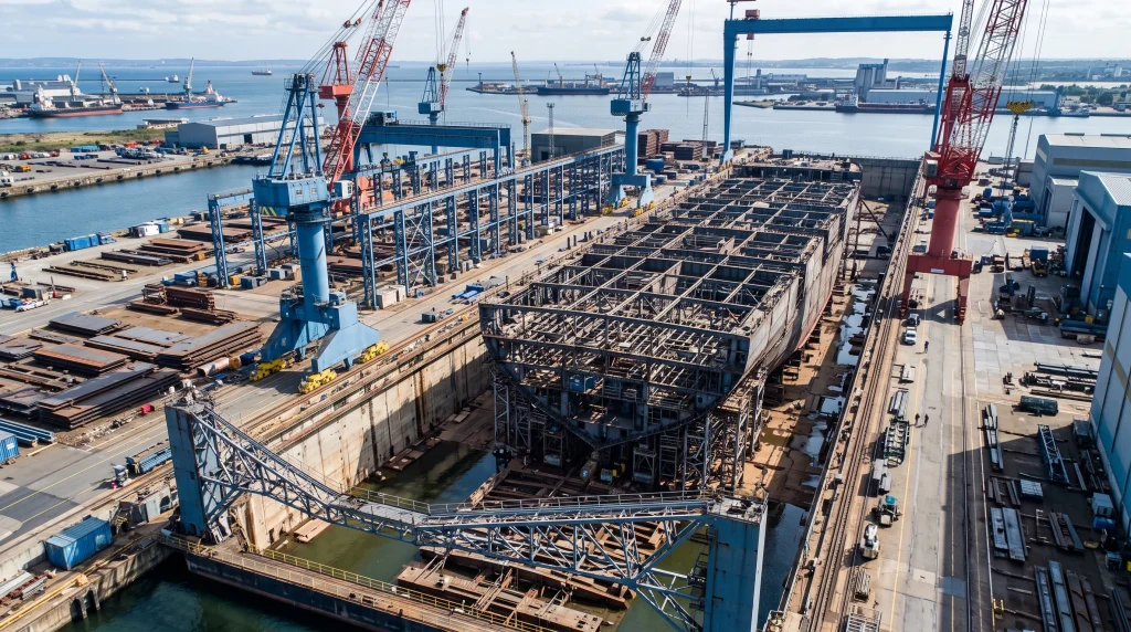 Conceptual view of a modern industrial shipyard and crane infrastructure.