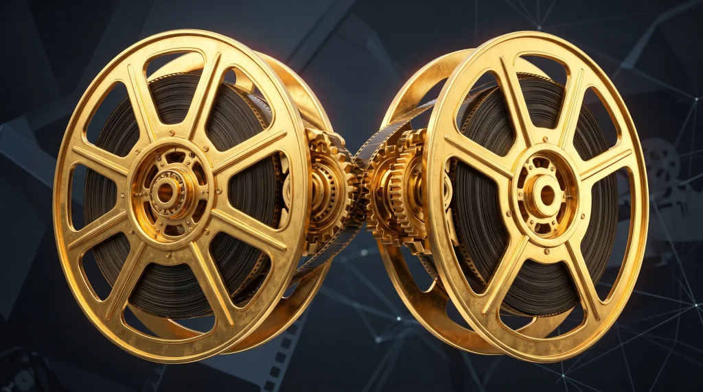 A conceptual illustration of two large film reels merging.