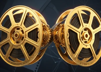 A conceptual illustration of two large film reels merging.