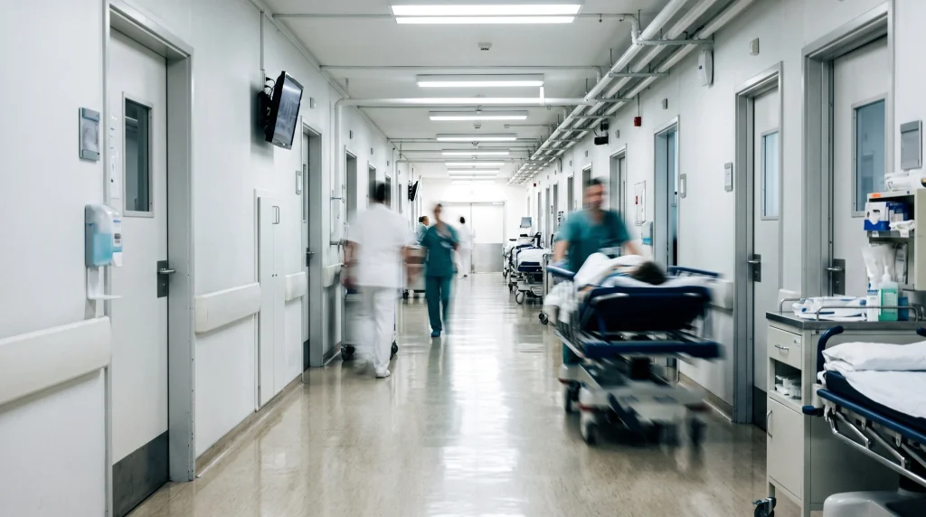 A conceptual blurred hospital corridor depicting a clinical environment.