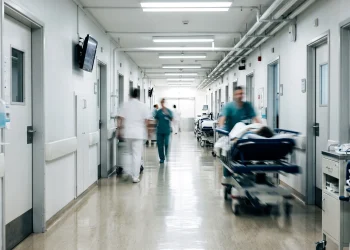 A conceptual blurred hospital corridor depicting a clinical environment.