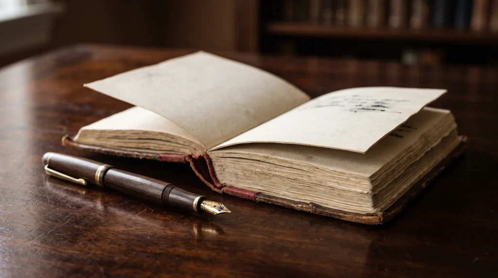 A leather-bound book and fountain pen on a desk.