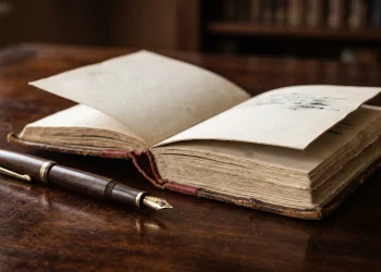 A leather-bound book and fountain pen on a desk.