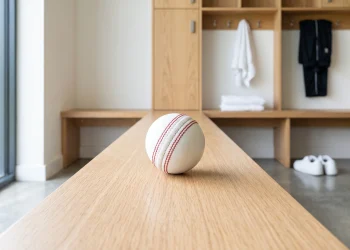 A white cricket ball on a wooden bench in a modern locker room.