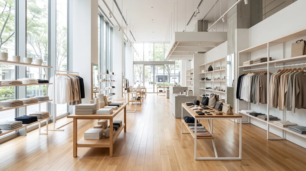 A clean and modern retail store environment with generic shelving.
