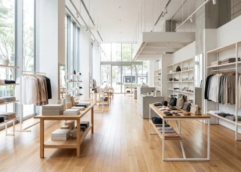 A clean and modern retail store environment with generic shelving.