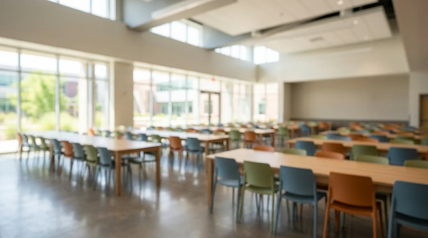 A blurred view of a modern, empty school dining hall.