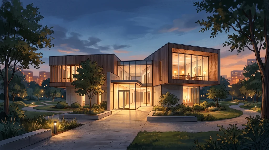 A conceptual rendering of a modern, glass-fronted community building.