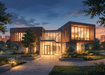 A conceptual rendering of a modern, glass-fronted community building.