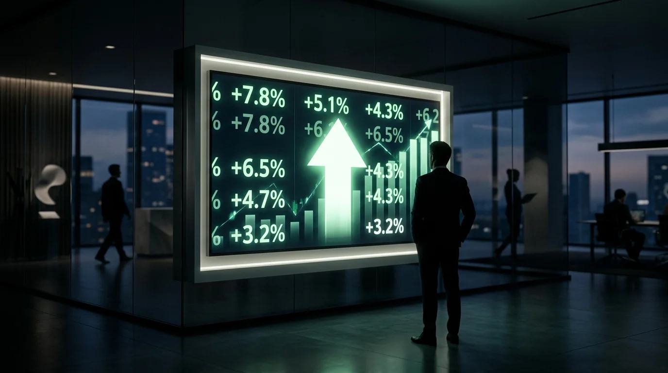 A digital display showing rising interest rate percentages and financial symbols.