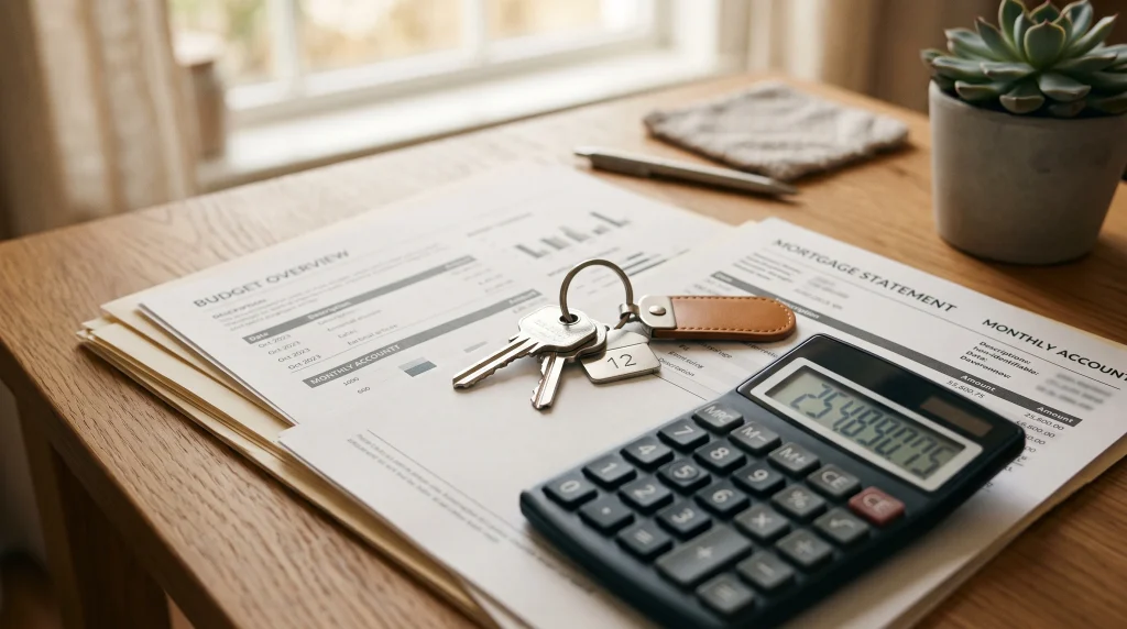 House keys resting on mortgage application paperwork and a calculator.