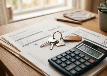 House keys resting on mortgage application paperwork and a calculator.