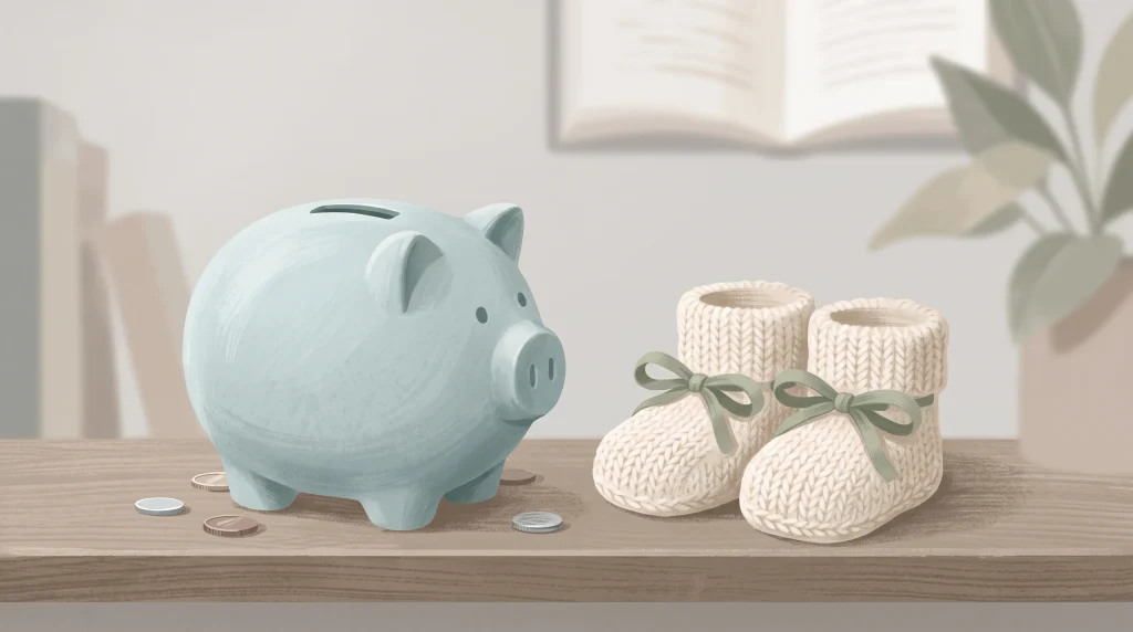 A conceptual image of a piggy bank and baby shoes representing financial challenges during parenthood.