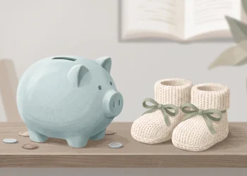 A conceptual image of a piggy bank and baby shoes representing financial challenges during parenthood.