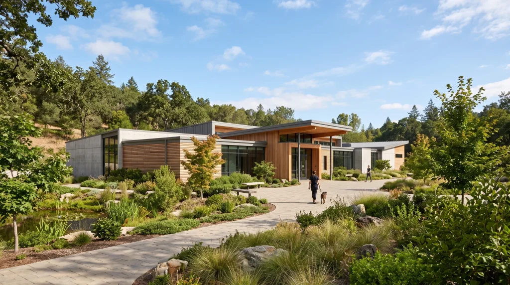 A modern animal rescue facility building with clean architectural lines.