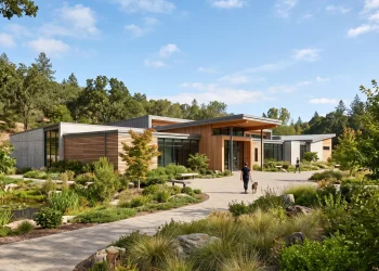 A modern animal rescue facility building with clean architectural lines.