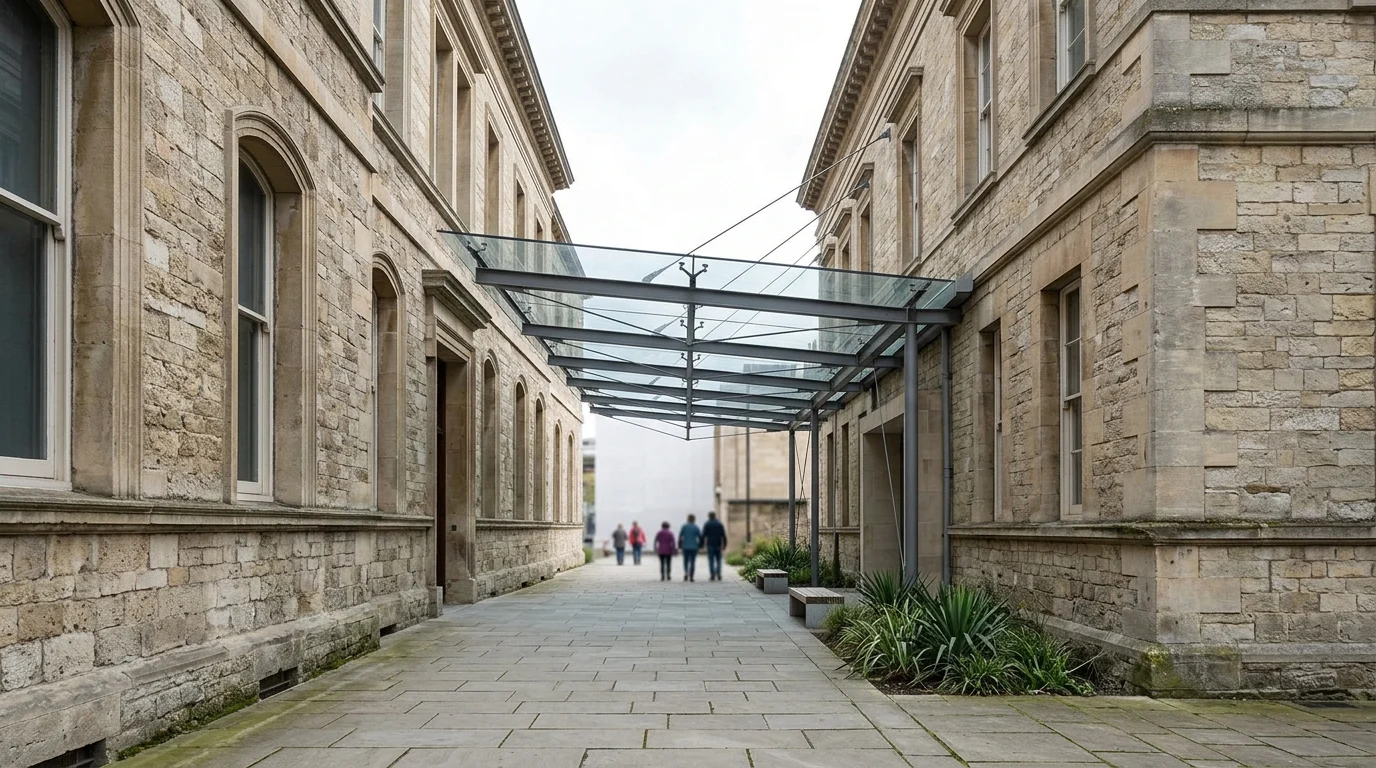 Modern glass roof connecting historic museum buildings.