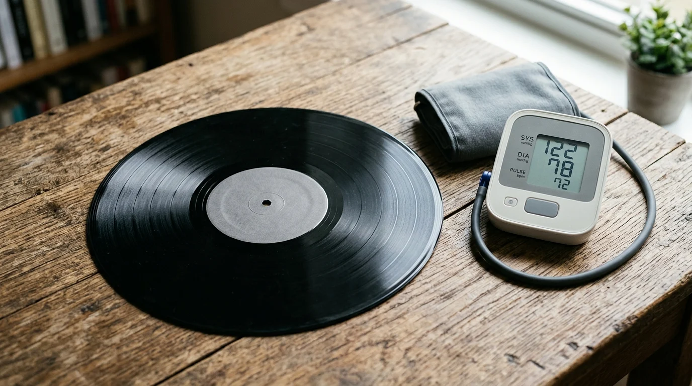 A conceptual shot of a vinyl record and a blood pressure monitor on a table.