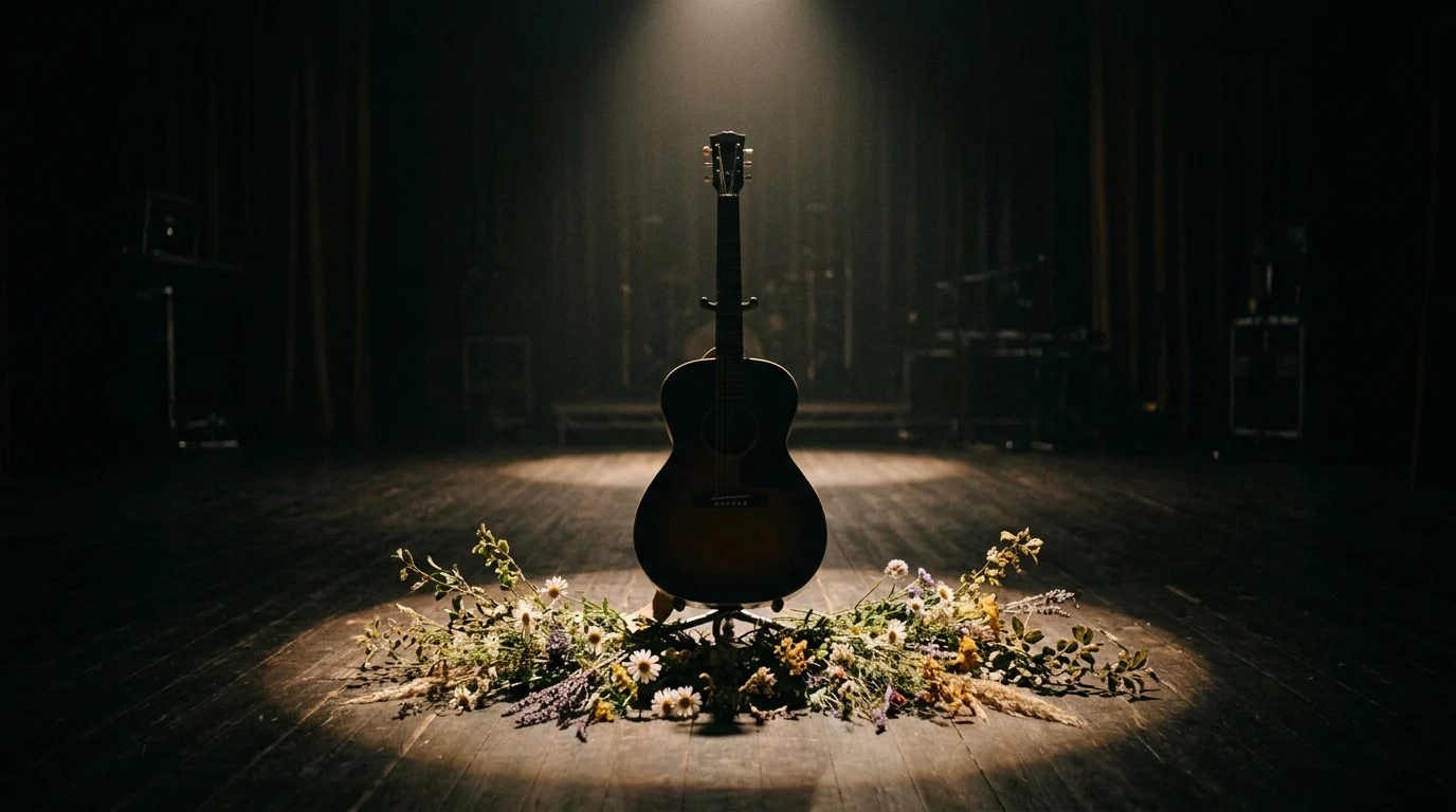 An acoustic guitar on a stage with wildflowers.