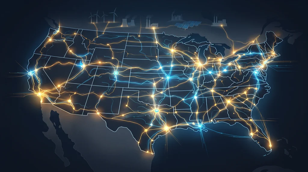 A conceptual map showing a glowing network of energy infrastructure connections.