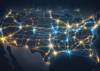 A conceptual map showing a glowing network of energy infrastructure connections.