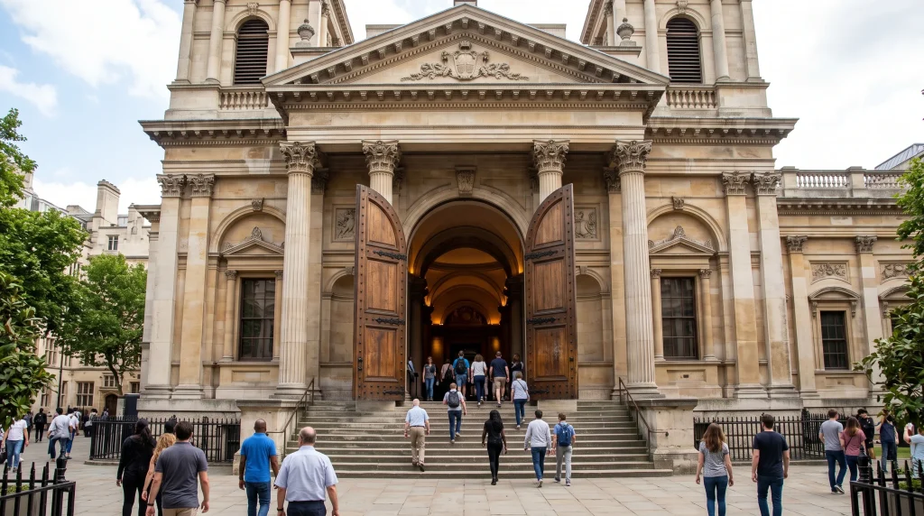 A grand stone building with open doors representing public access to culture.