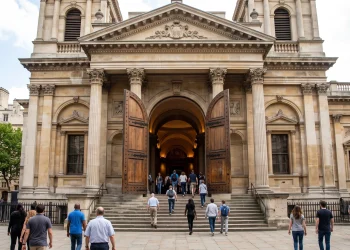 A grand stone building with open doors representing public access to culture.