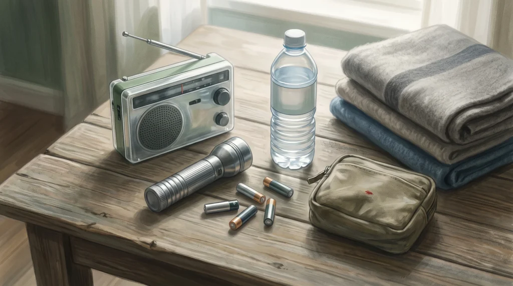 A conceptual illustration of a domestic emergency preparedness kit including a radio and torch.