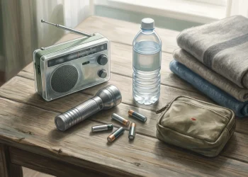 A conceptual illustration of a domestic emergency preparedness kit including a radio and torch.