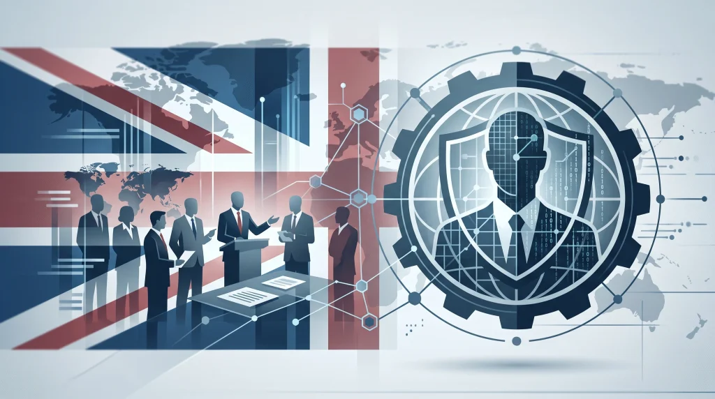 Abstract illustration of and UK symbols representing international security cooperation.