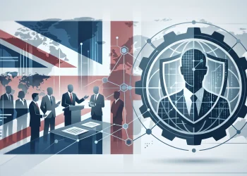 Abstract illustration of and UK symbols representing international security cooperation.
