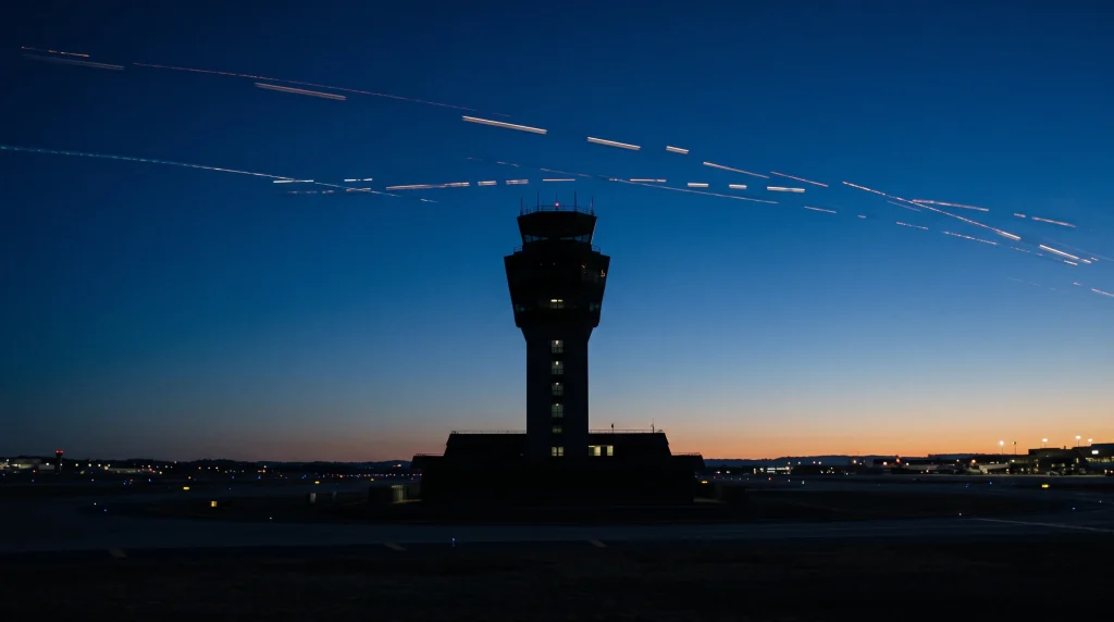 A conceptual silhouette of an air traffic control tower under a dark sky with broken light trails representing flight disruption.