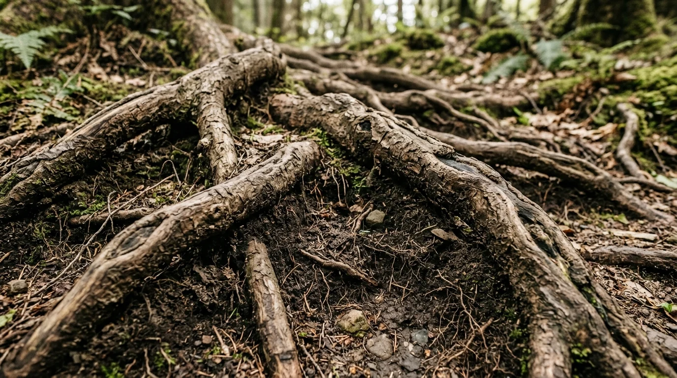 Close-up of moss-covered tree roots in the soil.