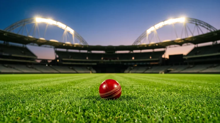 A red cricket ball on a grass pitch under bright light.