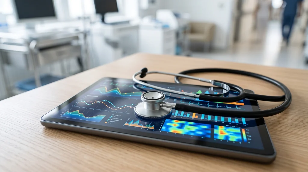 A stethoscope rests on a digital tablet showing medical data charts.