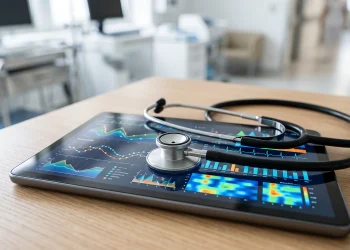 A stethoscope rests on a digital tablet showing medical data charts.